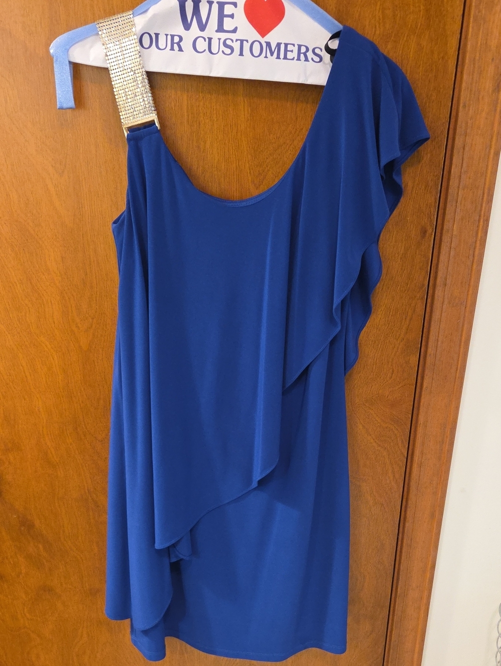 Betsy & Adam One-Shoulder Royal Blue Dress with Jeweled Strap